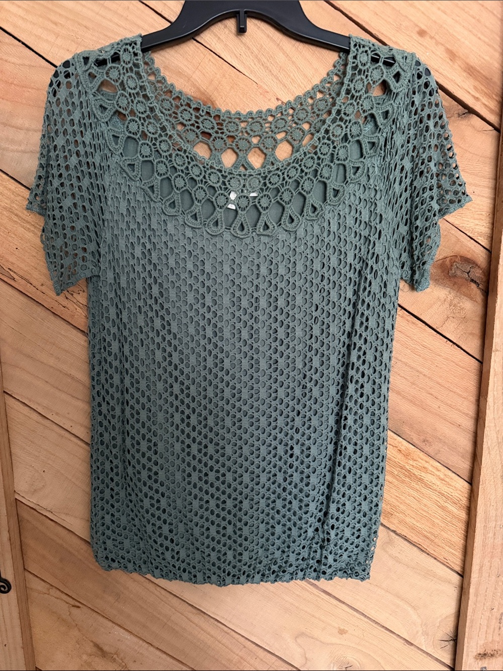 Cato Sage Green Openwork Crochet Short Sleeve Top